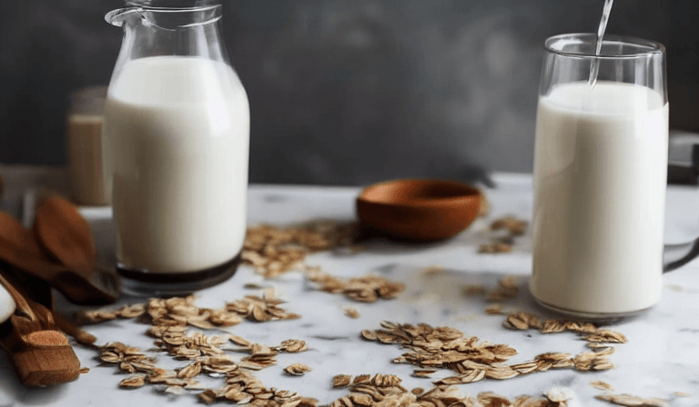 Haferdrink wird in ein Glas eingeschenkt